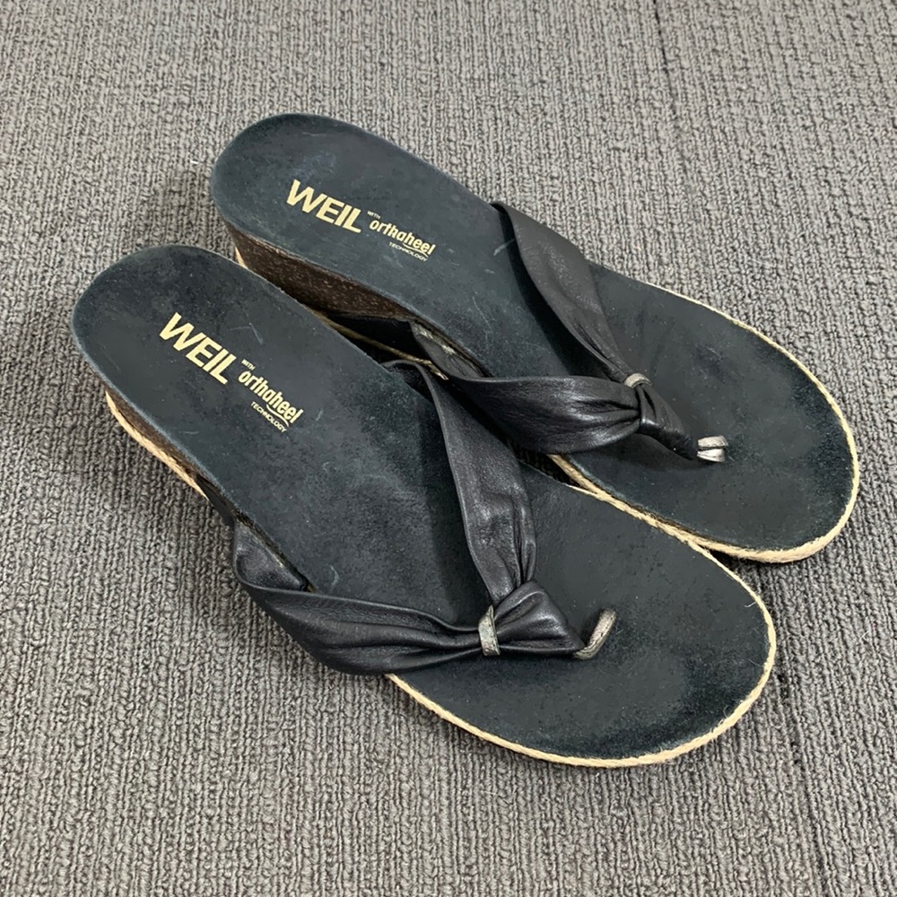 Dr. Weil Orthaheel Calm Sandal Womens Size 9 B Black Leather Slip on Thong Wedge